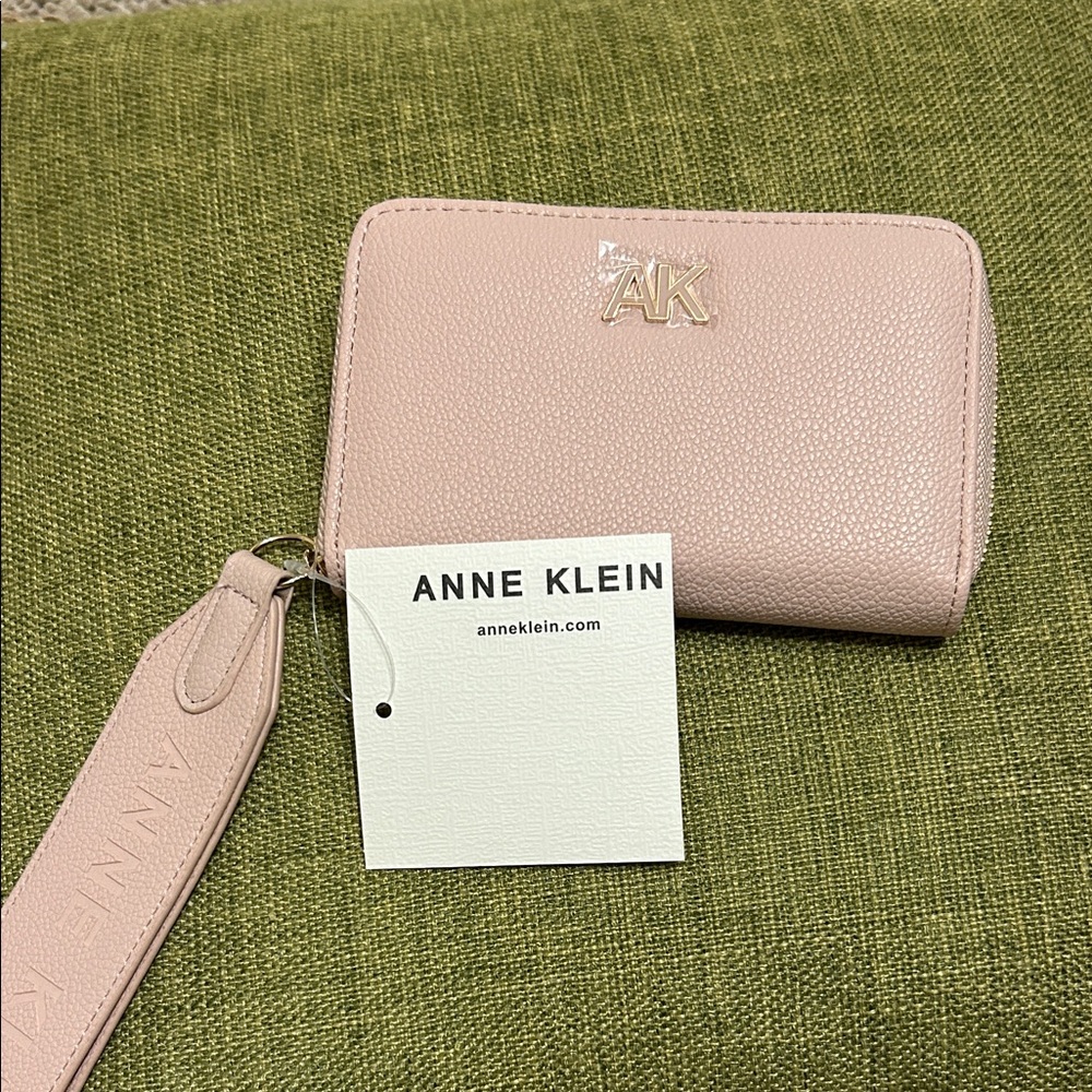 Anne Klein Pale Pink Pebbled Leather Wristlet Wallet with Gold AK Logo